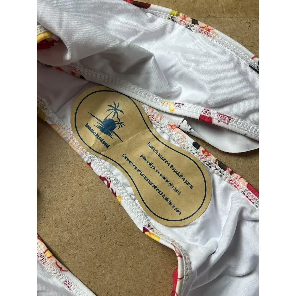 Beachkissd Panties Womens L White Floral Thong High Leg Ruffle Stretch